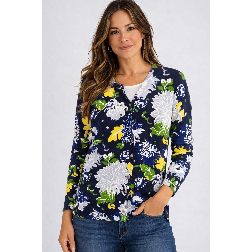 Lands' End Womens Navy Floral 100% Supima Cotton Cardigan Sweater XS 2-4